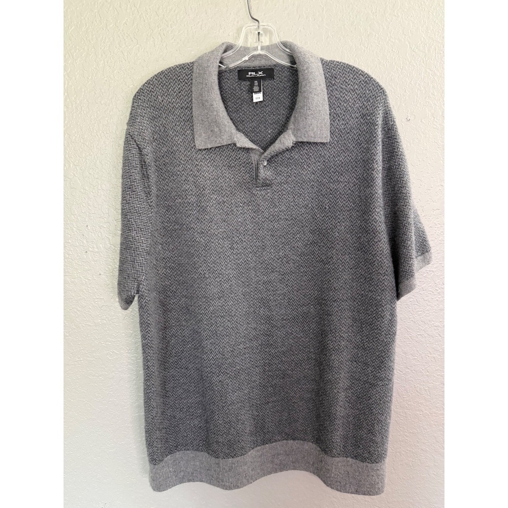 RLX Ralph Lauren Men's Gray Herringbone Knit Polo Shirt XXL 100% Wool Golf